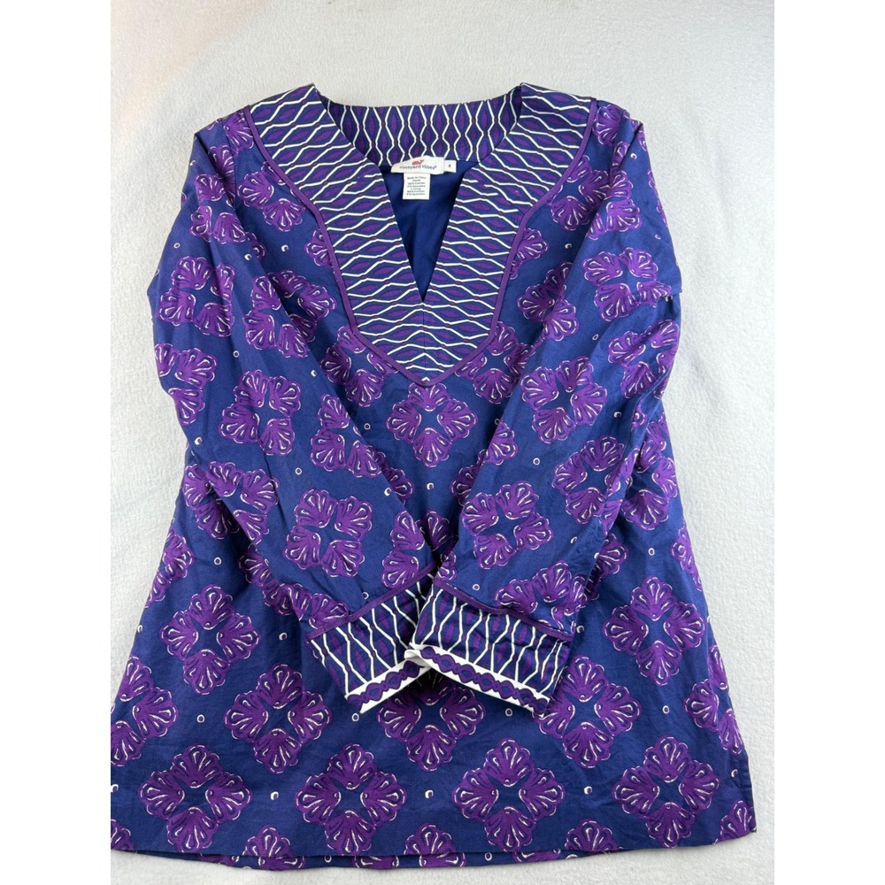 Vineyard Vines Women's Tunic Top Size 4 Blue Purple Floral V Neck Long Sleeve